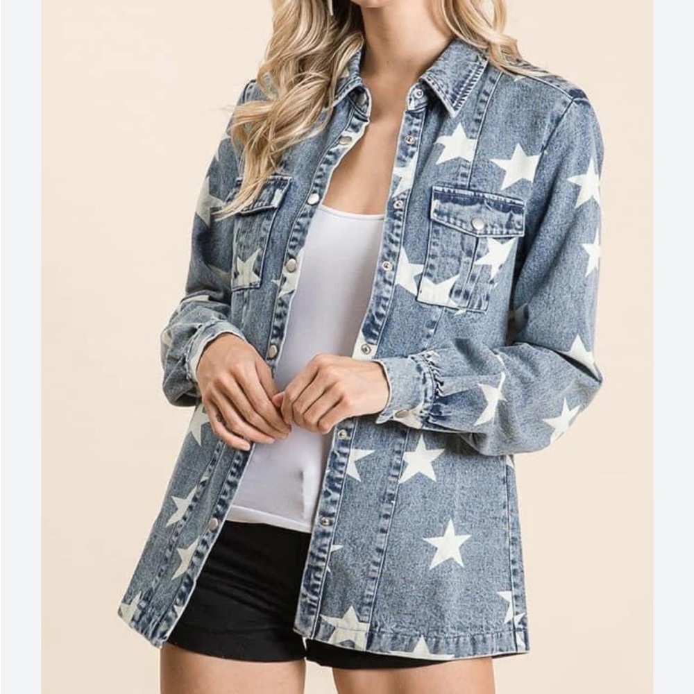 Macaron Size Small White Star Pattern Denim‎ Jacket